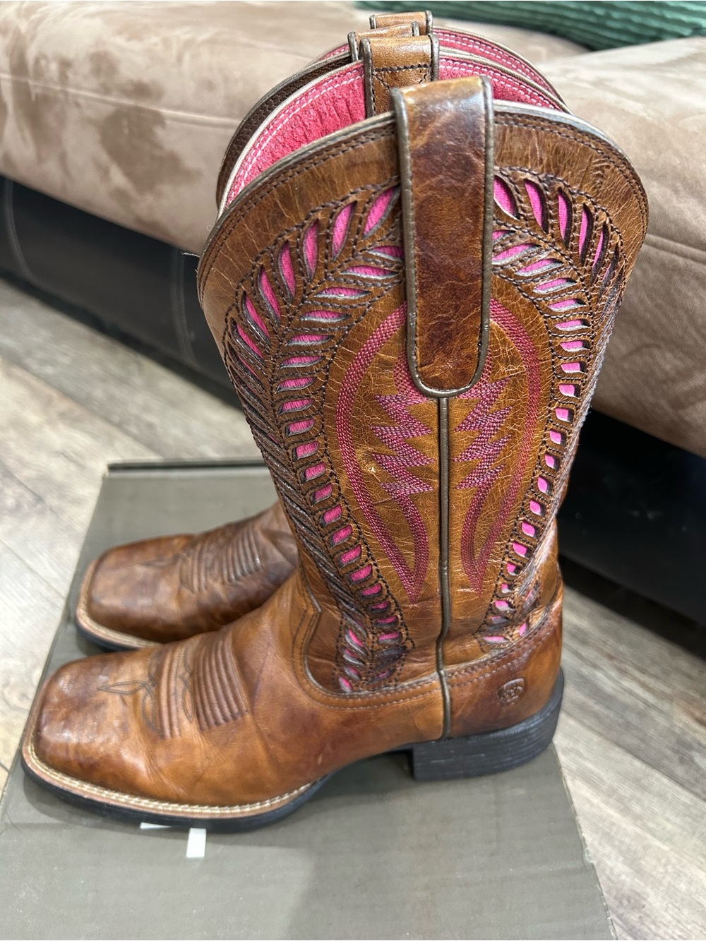 Ariat Brown Leather Western Boots with Pink Inlay